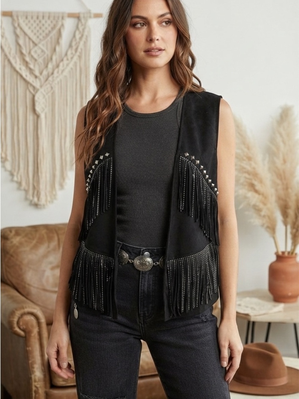 Vocal Western Fringe Studded Rhinestone Vest Black Faux Suede Boho Rocker XL